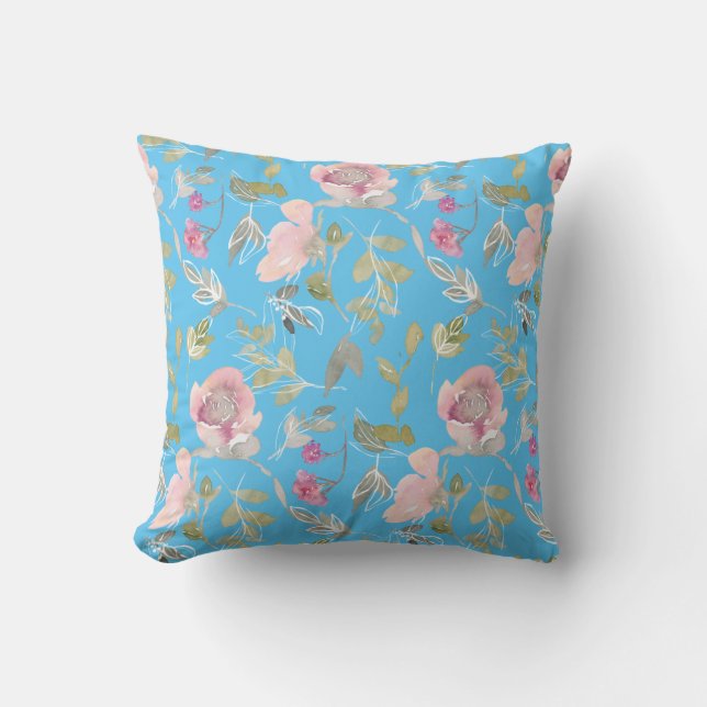 Watercolor Floral Doodle Throw Pillow (Front)