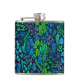 Watercolor floral doodles dark background hip flask