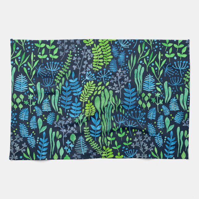 Watercolor floral doodles dark background tea towel (Horizontal)