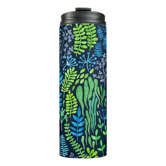 Watercolor floral doodles dark background thermal tumbler (Front)