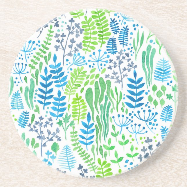 Watercolor floral doodles white coaster (Front)