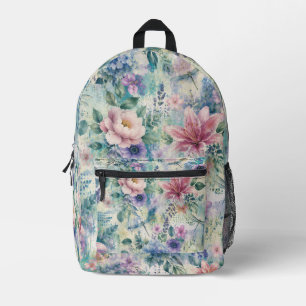 Watercolor Floral Dragonfly Pattern Printed Backpack
