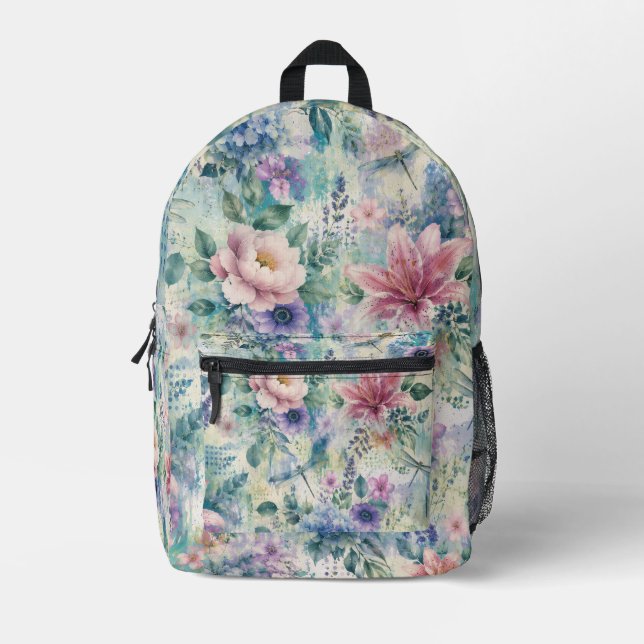 Watercolor Floral Dragonfly Pattern Printed Backpack (Front)