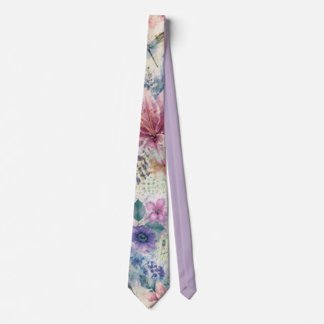 Watercolor Floral Dragonfly Pattern Tie (Front)