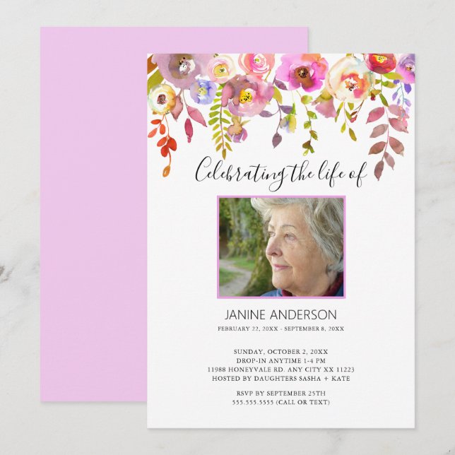 Watercolor Floral Drop Life Celebration photo Invitation (Front/Back)