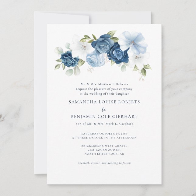 Watercolor Floral Dusty Blue Bloom Wedding Invitation (Front)