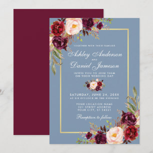 Watercolor Floral Dusty Blue Burgundy Wedding Invitation
