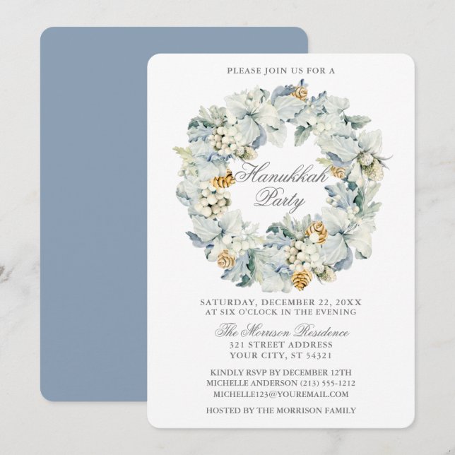 Watercolor Floral Dusty Blue Hanukkah Party Invitation (Front/Back)