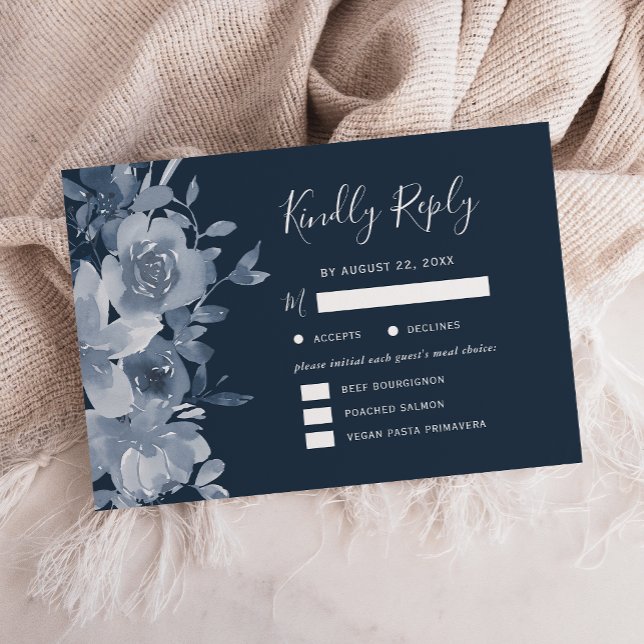 Watercolor Floral Dusty Blue Navy Wedding RSVP Card (Creator Uploaded)