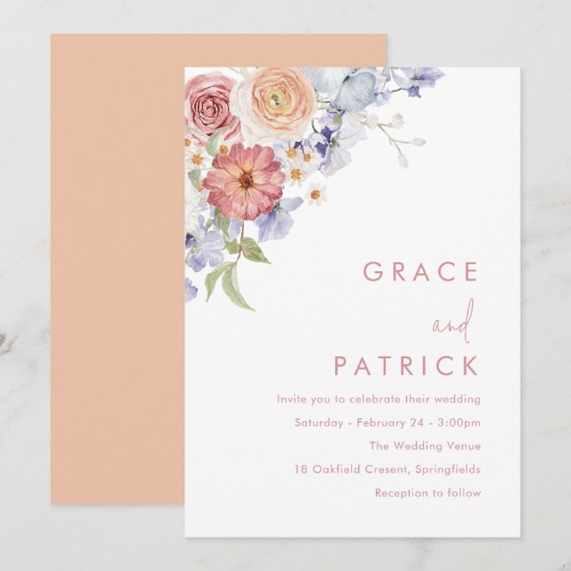 Watercolor Floral Dusty Blue & Peach Wedding Invitation (Front/Back)