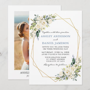 Watercolor Floral Dusty Blue Photo Frame Wedding Invitation