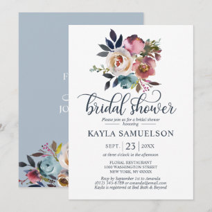 Watercolor Floral Dusty Blue Rose Bridal Shower Invitation