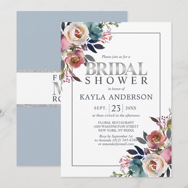 Watercolor Floral Dusty Blue Rose Bridal Shower Invitation (Front/Back)