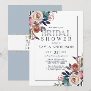 Watercolor Floral Dusty Blue Rose Bridal Shower Invitation
