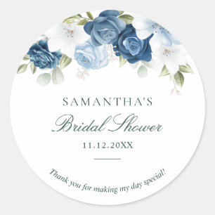 Watercolor Floral Dusty Blue Script Bridal Shower Classic Round Sticker