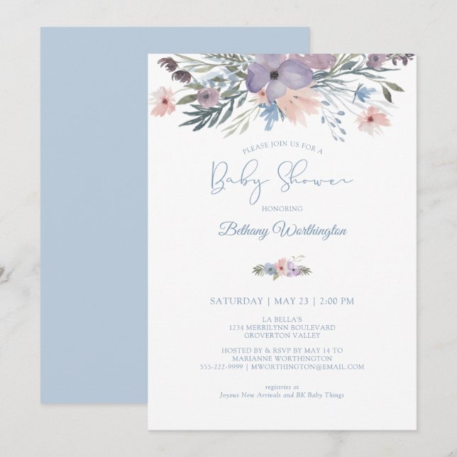 Watercolor Floral Dusty Blue Violet Baby Shower Invitation (Front/Back)