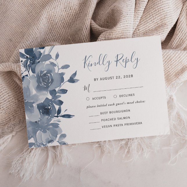 Watercolor Floral Dusty Blue Wedding RSVP Card (Creator Uploaded)