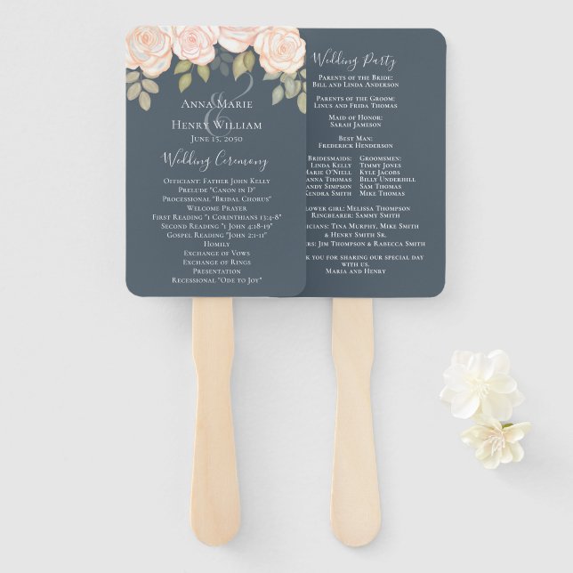 Watercolor Floral Dusty Grey Wedding Program Hand Fan (Front and Back)