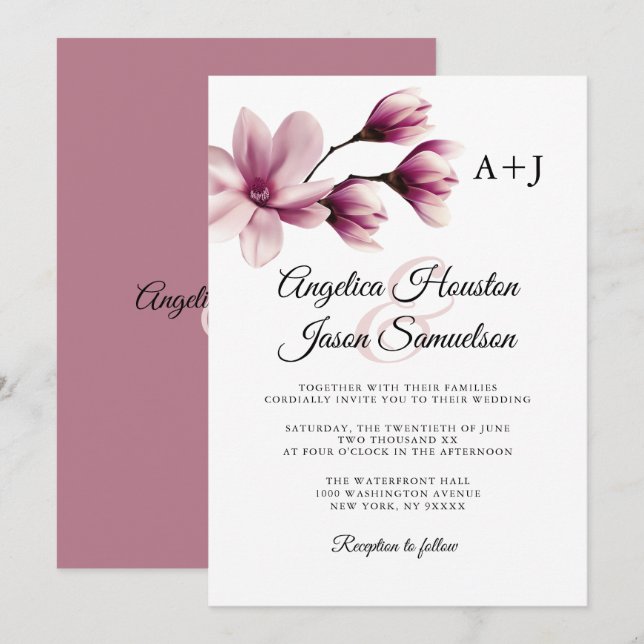 Watercolor Floral Dusty Mauve Rose Taupe Wedding Invitation (Front/Back)
