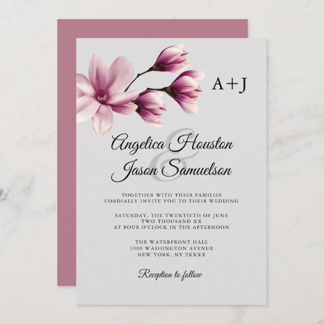 Watercolor Floral Dusty Mauve Taupe Grey Wedding Invitation (Front/Back)