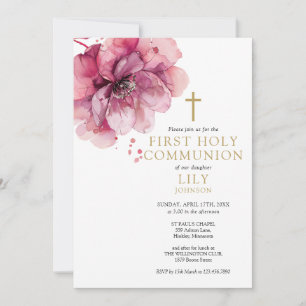 Watercolor Floral Dusty Rose First Holy Communion Invitation