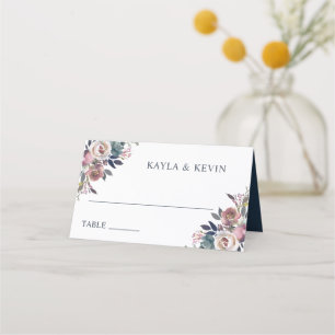 Watercolor Floral Dusty Rose Mauve Blue Place Car Card