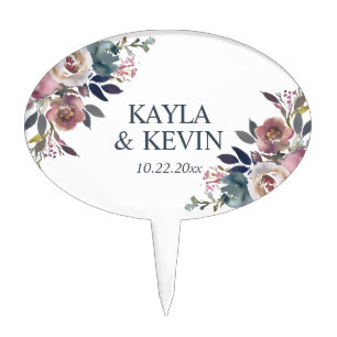 Watercolor Floral Dusty Rose Mauve Blue Wedding Cake Pick