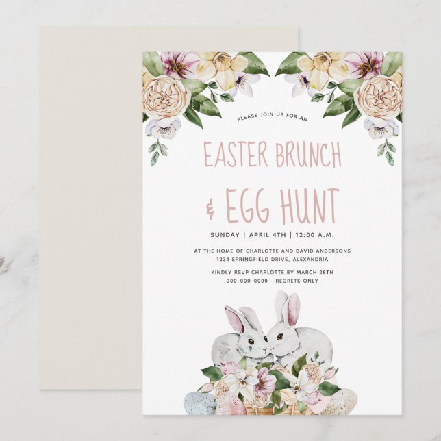 Watercolor Floral Easter Brunch and Egg Hunt Invitation (Front/Back)