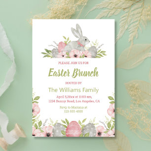 watercolor floral easter bunny pink green brunch invitation