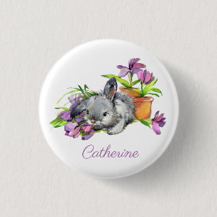 Watercolor Floral Easter Bunny Rabbit Personalised 3 Cm Round Badge