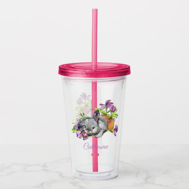 Watercolor Floral Easter Bunny Rabbit Personalised Acrylic Tumbler (Front)