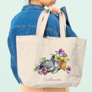 Watercolor Floral Easter Bunny Rabbit Personalised Large Tote Bag