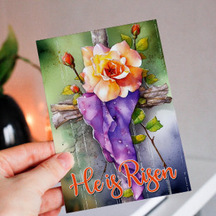 Watercolor Floral Easter Cross He is Risen Holiday Card