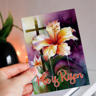 Watercolor Floral Easter Cross He is Risen Holiday Card