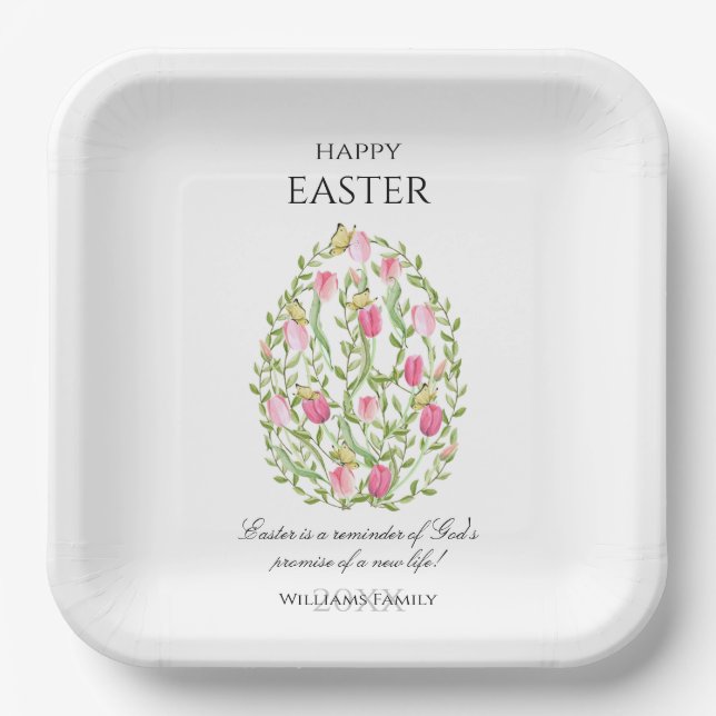 Watercolor Floral Easter Egg Happy Easter Paper Plate (Front)
