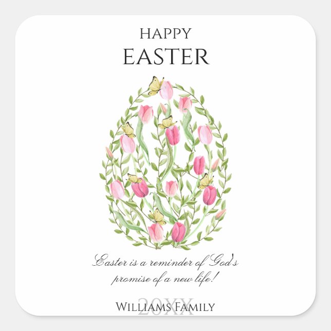 Watercolor Floral Easter Egg Happy Easter Square Sticker (Front)
