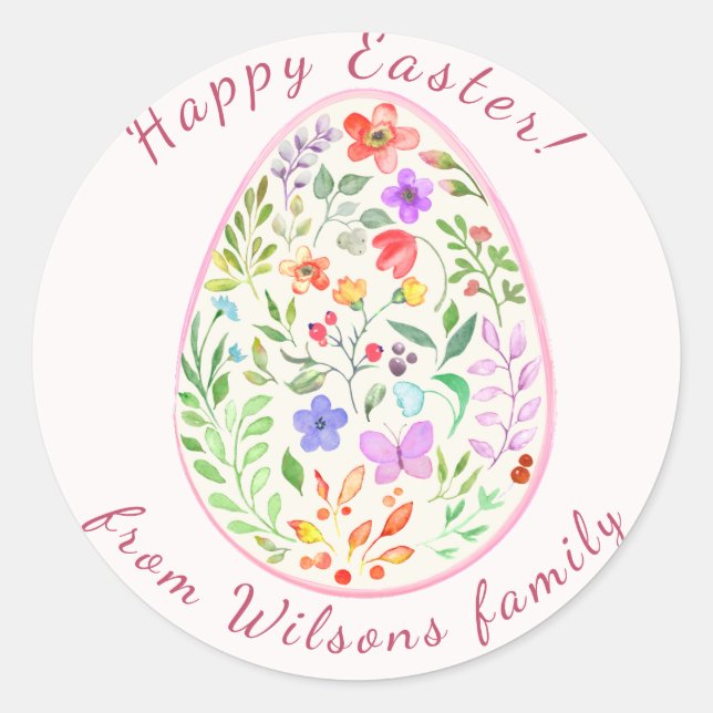 Watercolor Floral Easter Egg Personalised Sticker (Front)