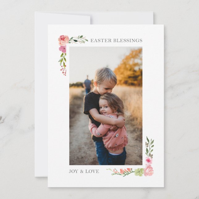 Watercolor Floral Easter Photo Holiday Card (Front)