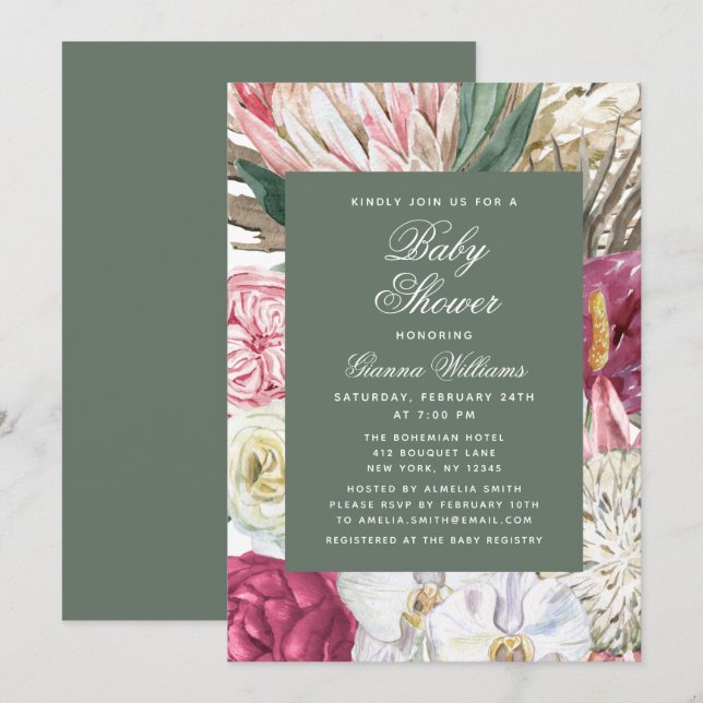 Watercolor Floral Elegant Baby Shower Invitation (Front/Back)
