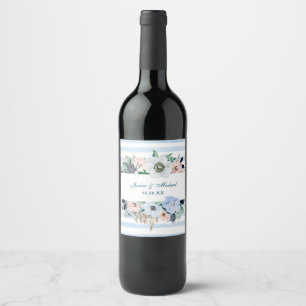 Watercolor Floral Elegant Bouquet Blue Wedding Wine Label