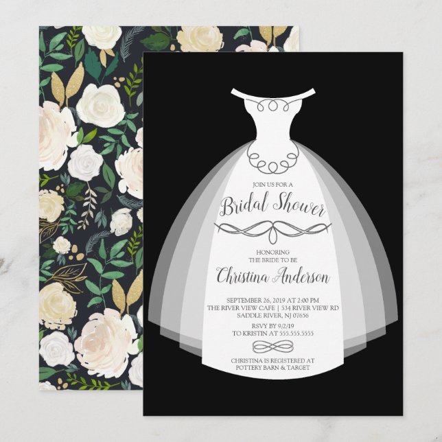 Watercolor Floral Elegant Bride Gown Bridal Shower Invitation (Front/Back)