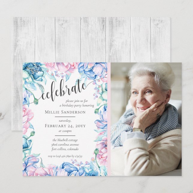 Watercolor Floral Elegant Farmhouse Birthday Photo Invitation (Front/Back)