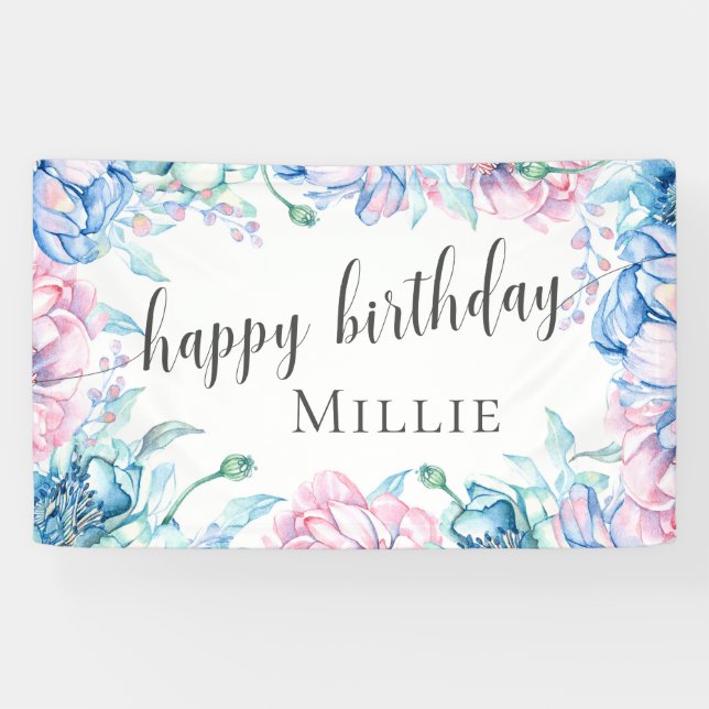 Watercolor Floral Elegant Farmhouse Happy Birthday Banner (Horizontal)