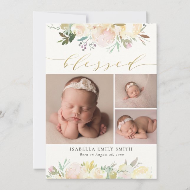 Watercolor Floral Elegant Script Calligraphy Birth Announcement (Front)