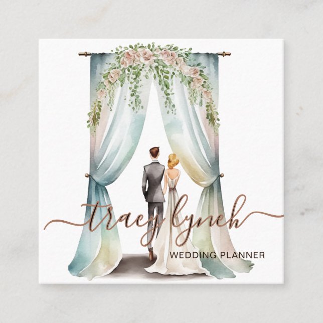 Watercolor Floral Elegant Wedding Planner Square Business Card (Front)