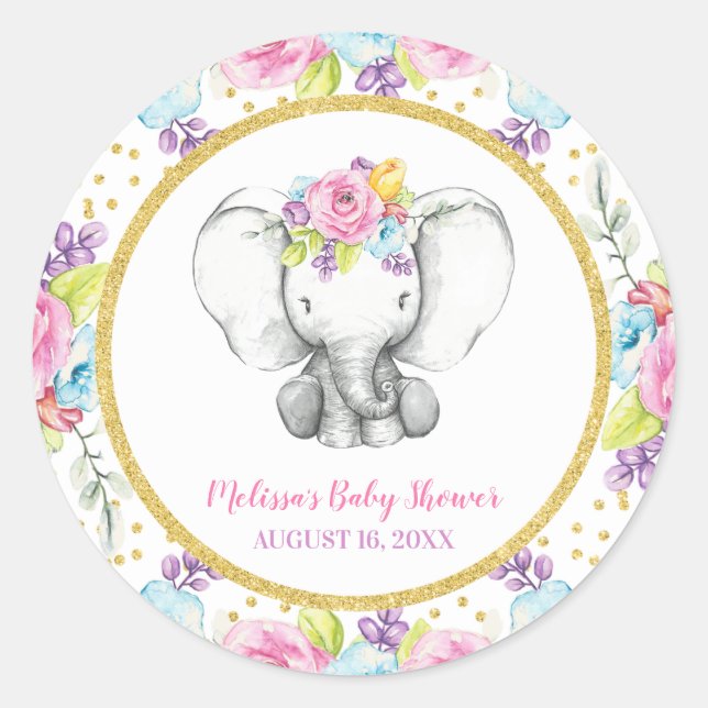Watercolor Floral Elephant Baby Shower Classic Round Sticker (Front)