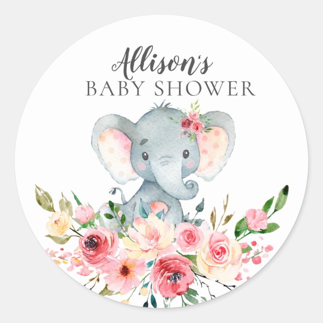 Watercolor Floral Elephant Baby Shower Classic Round Sticker (Front)