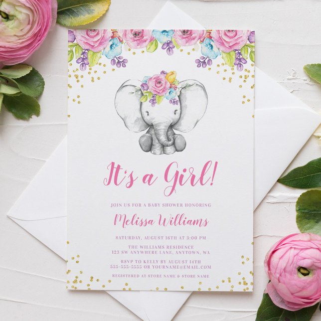 Watercolor Floral Elephant Baby Shower Invitations (Creator Uploaded)