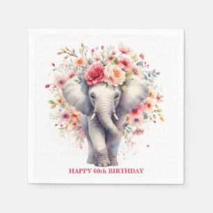 Watercolor Floral Elephant Birthday Napkin