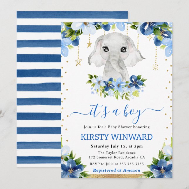Watercolor Floral Elephant Boy Baby Shower Invitation (Front/Back)